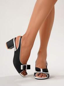 Women's Peep Toe Bowknot Backstrap Block Heel Sandals, Chunky Heels, Versatile For Elegant Dresses, Suitable For Vacation, Commuting, Shopping - Black and White - View 7