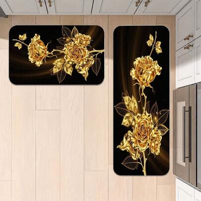 Luxury Golden Rose Kitchen Mat, Ornate Metallic Floral Print Rug With Elegant Dark Background, Non-Slip Decorative Floor Mat For Kitchen, Dining Room, And Home Decor