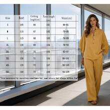 Conjunto de Dos Piezas de Lino y Algodón para Mujer con Manga de Murciélago, Camisa con Botones y Pantalones de Pierna Ancha, Atuendo Casual de Verano - Amarillo - Ver 6
