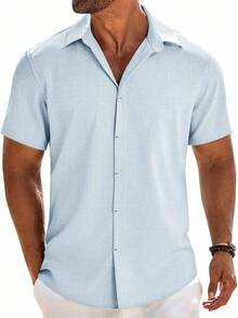 Camisas Hombre Casuales Manga Corta - con Botones Ocultos Tejido Fresco Y Transpirable para Playa Uso Diario Vacaciones Reuniones Ocio - azul claro - Ver 14