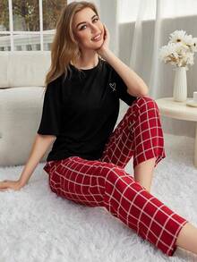 Conjuntos de pijama para mujer con cuello de rosca, top de manga corta y pantalones largos a cuadros, ropa de dormir de 2 piezas para otoño, primavera y invierno. - Negro - Ver 5