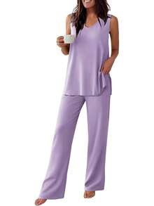 - Conjunto de pijama para mujer, sin mangas, cómodo conjunto de playera sin mangas y pantalones con cuello en V, 2 piezas, S-XXL - Raya gris - Ver 24
