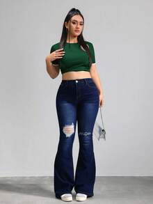 Floor-Length, High-Waisted Flare Trousers With One-Sided Rips At The Knees, High Elasticity, Fitted, Available In Multiple Shades, Retro Flowy Drape - 深色水洗藍 - View 6