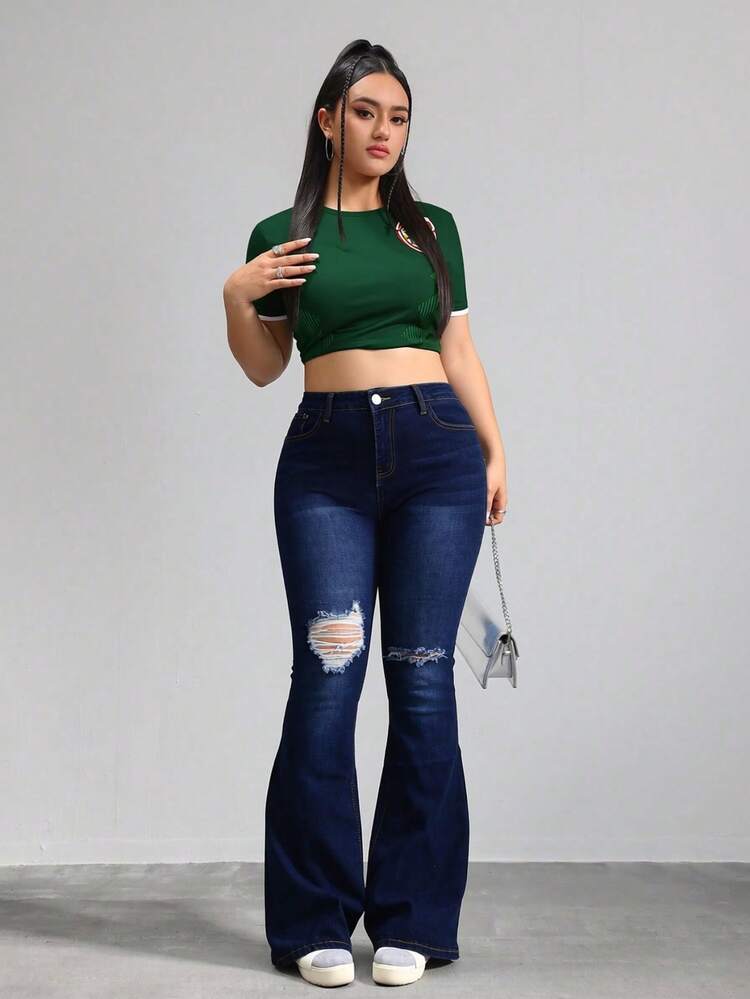 Floor-Length, High-Waisted Flare Trousers With One-Sided Rips At The Knees, High Elasticity, Fitted, Available In Multiple Shades, Retro Flowy Drape - 深色水洗藍 - 查看 6