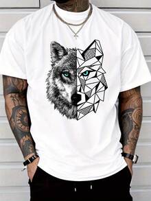 Men's Casual Fashion Style Short Sleeve T-Shirt, Wolf Print 100% Polyester, Lightweight 180g/Sqm, Regular Fit Crew Neck, Comfortable Stretch Summer Te - White - View 1