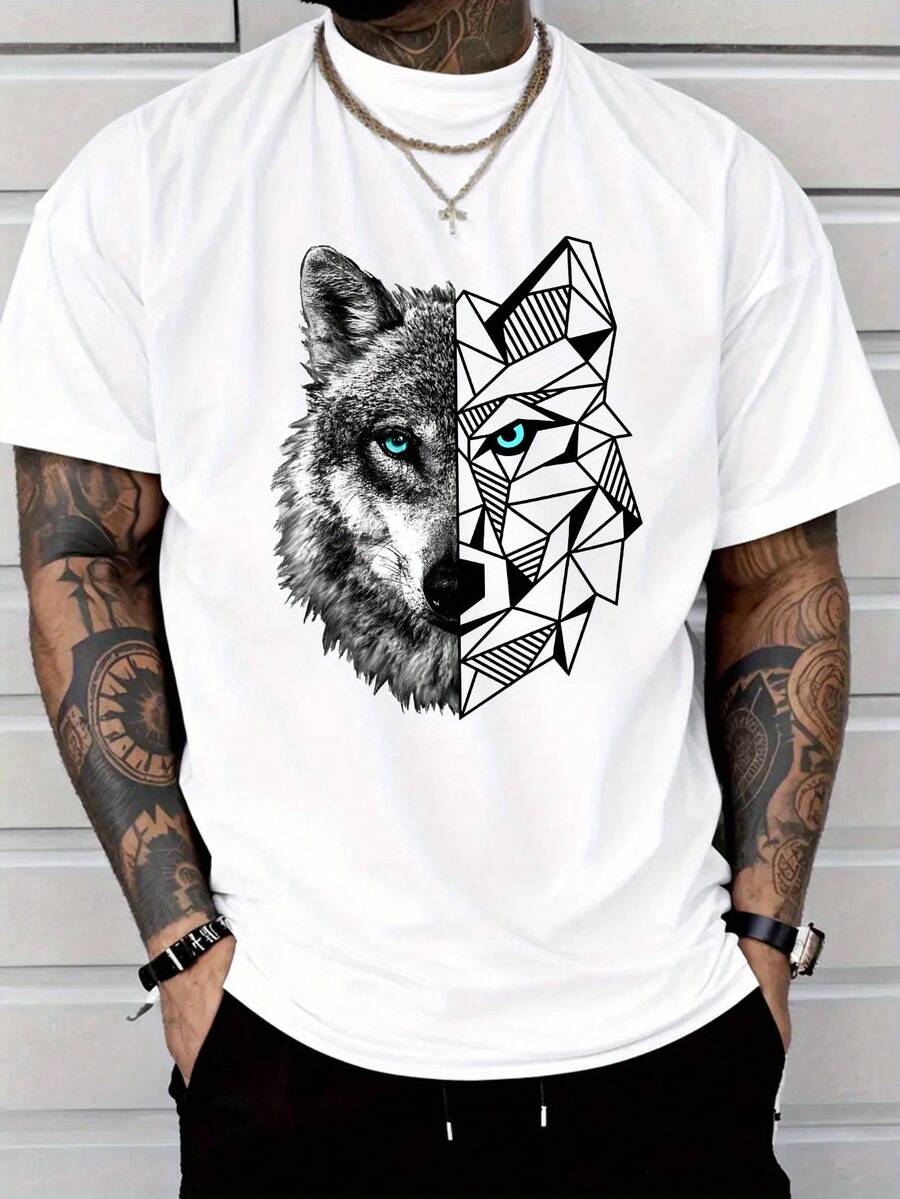 Men's Casual Fashion Style Short Sleeve T-Shirt, Wolf Print 100% Polyester, Lightweight 180g/Sqm, Regular Fit Crew Neck, Comfortable Stretch Summer Te - White - View 1