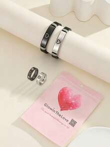 ATLVXJL 4pcs/Set Glow-In-The-Dark Couple Friendship Family Square Accessory Minimalist Heart Double Heart Stainless Steel Bracelet Ring Set Casual Jewelry Suitable For Daily Wear And Holiday Gift - Multicolor - View 2
