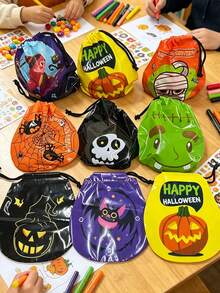 50pcs/Set Halloween Drawstring Bags With Pumpkin And Candy Designs, Party Storage And Decoration Bags, Featuring Pumpkin, Spider, Bat, And Witch Patterns. Halloween Decorations For Parties To Add To The Festive Atmosphere. - A - View 3