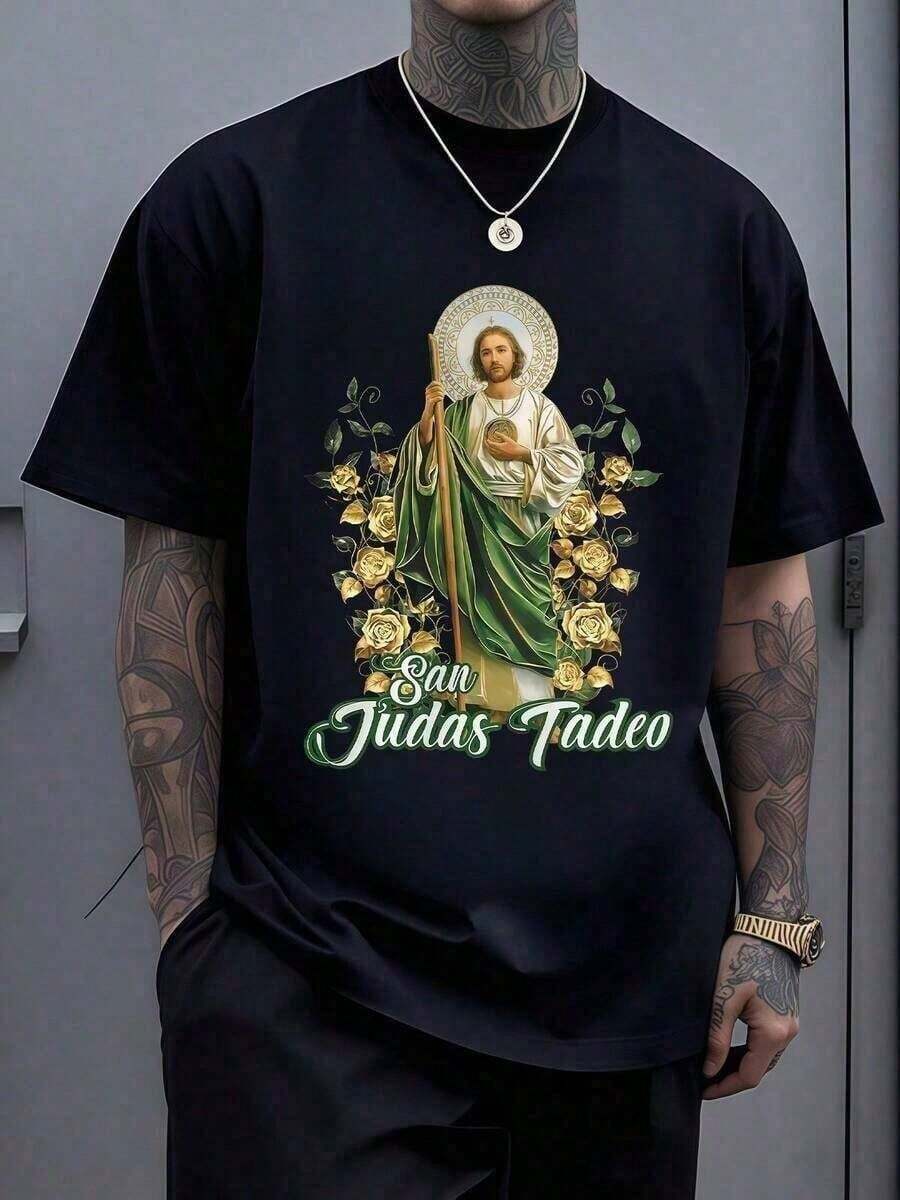 Figura de Tadeo rodeado de rosas doradas que simbolizan la fe la esperanza y la protección espiritual transmitiendo una sensación de calma y devoción profunda con un fondo luminoso que resa - Negro - Ver 1
