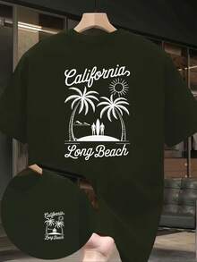 Camiseta de hombre con estampado de palmeras de Long Beach, California, diseño de doble cara, top de manga corta personalizado para uso casual por parte de entusiastas de las vacaciones y el - Negro - Ver 8