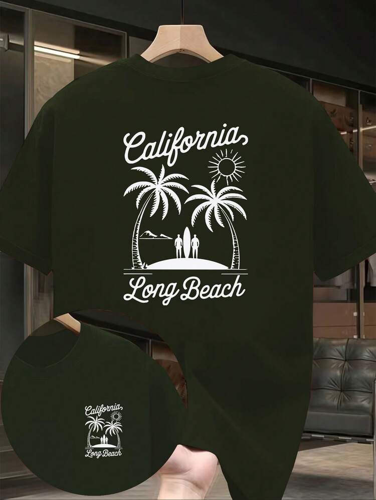 Men's T-Shirt With Long Beach, California Palm Tree Print, Double-Sided Design, Custom Short-Sleeve Top For Casual Wear By Vacation Enthusiasts And The - 黑色 - 查看 8