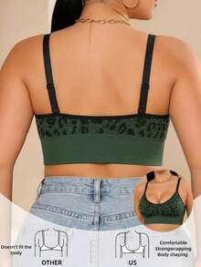 1pc Women's Plus Size Wireless Bra Top, Leopard Print Seamless Full Coverage Bra, Adjustable Wide Strap Anti-Slip Back Support, Medium Elasticity Shaping Bra, Suitable For Casual, Wedding Party And Halloween Occasions - Green - View 4