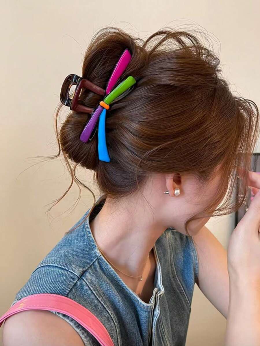 1pc Color Block Bow Hair Claw, Women's Dopamine Style Large Exquisite Hair Accessory, New Premium Design - Multicolor - View 1