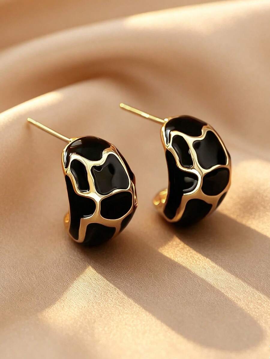 1 Pair Minimalist French Vintage Tortoise Shell Oil Drop Design Unique Elegant Elegant Suitable For Daily Casual Commute Women's Stud Earrings - Black - View 1