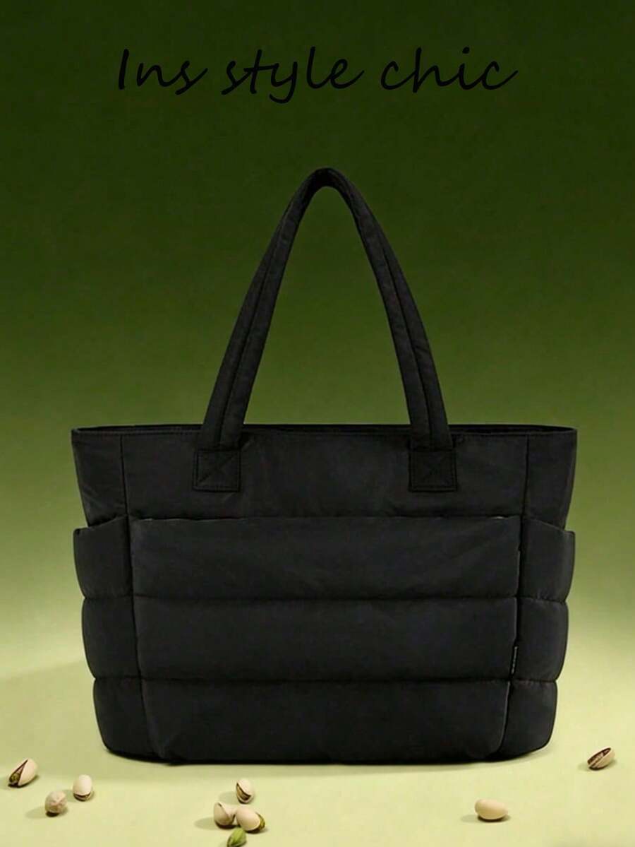 New Fashionable Classic And Multifunctional White Handbag, Simple Design, Quilted Details, Dual Top Handle Design For Shoulder, Elegant Shoulder Bag For Ladies, Suitable For N - 黑色 - 查看 1