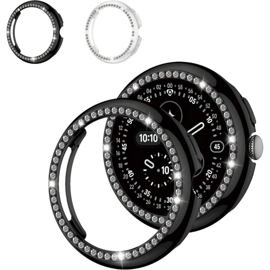 2 Packs Bling Diamond Case For Watch 4 Screen Protector 41mm/45 Mm Women,Glitter Rhinestone Full Protection Hard PC Cover Bumper For Watch 4 41mm/45 Mm Case Accessories - Transparent/Black - View 1