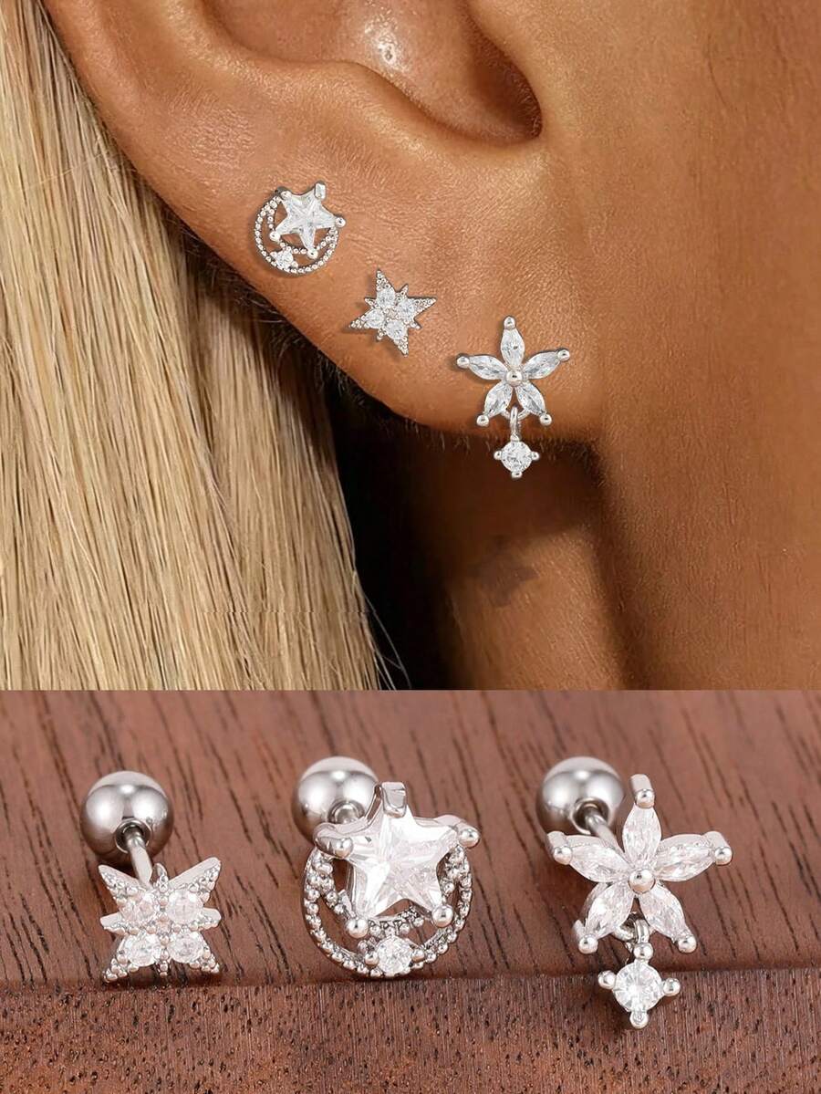 3件組不鏽鋼耳骨耳洞耳環套組 女款心形花瓣耳骨耳釘時尚飾品 - 11銀色-3PCS - 查看 1