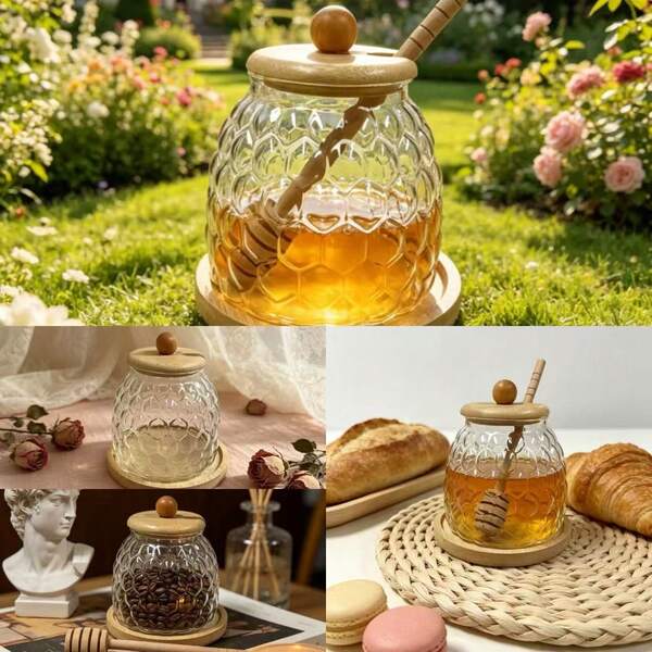 Tarro de miel de vidrio con diseño de panal transparente con palito de miel de madera & base de bambú, recipiente hermético para almacenamiento de miel, contenedor decorativo de miel para el hogar, cafetería, decoración de mesa de desayuno