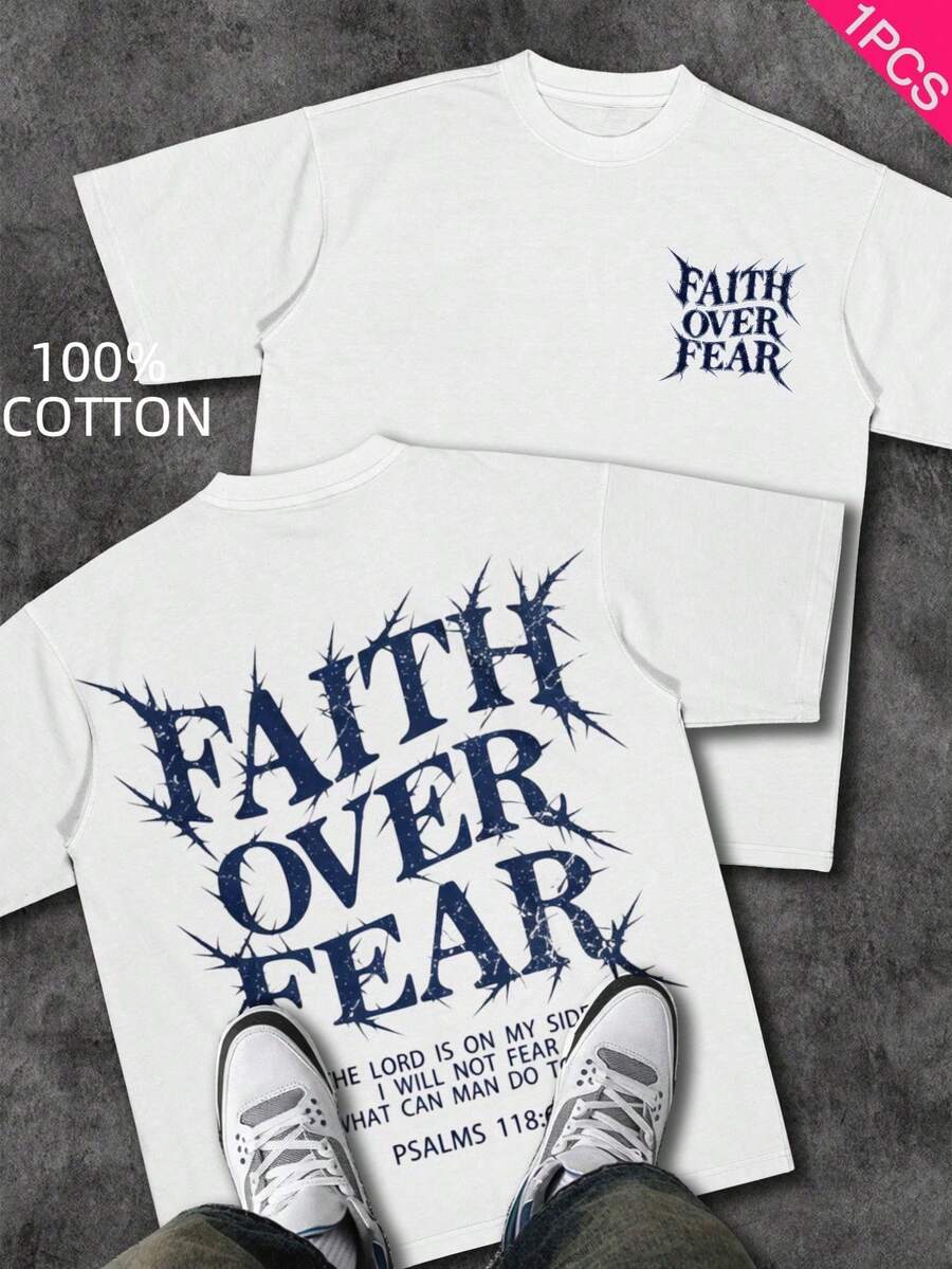 Men's Christian T-Shirt "FAITH OVER FEAR" | Psalm 118:6 Design | Inspirational Streetwear | 100% Cotton | Unisex Fit | Ideal Gift For Believers - 淺粉色 - 查看 1