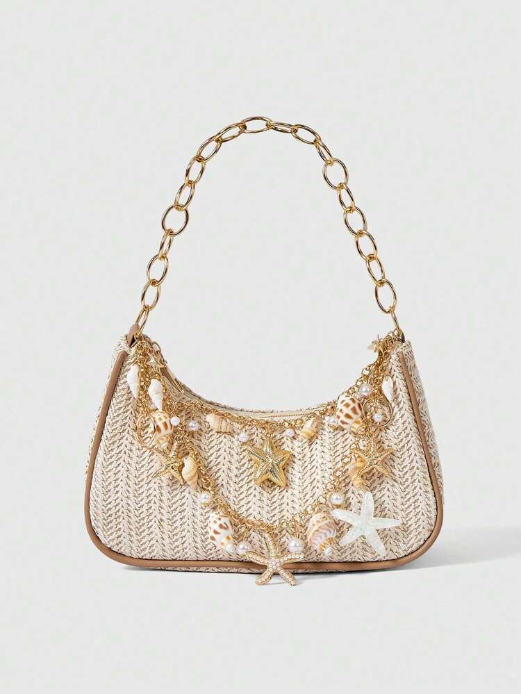 Viva Strut 1 Piece Summer Holiday Straw Bag By The Sea, Seashell And Starfish Decor Shoulder Bag With Pink Silk Scarf Strap For Underarm, Handbag - 熒光色 - 查看 1