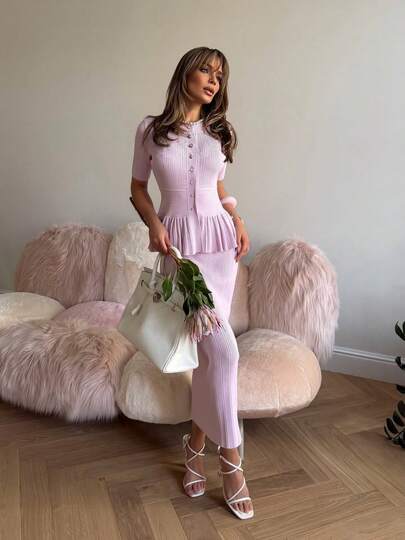 Vuslat Women's Autumn French Style Light Pink Stand Collar Single-Breasted Ruffle Knit Two Pieces Set, Short Sleeve Ribbed Hollow Knit Top Paired With High Waist Mermaid Skirt, All-Over Vertical Ribbed Breathable Elastic Fabric Suitable For Afternoon Tea, Date, Birthday Party, Light Banquet, Vacation, Daily, Commute, Office, Shopping, Photography