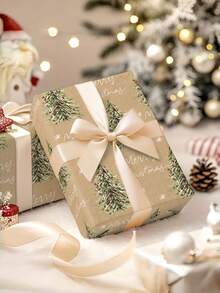 1 Roll Of Christmas Gift Wrapping Paper Featuring A Christmas Tree And Snowflake Pattern; Made Of Kraft Paper; Dimensions: 43 Cm X 300 Cm (17 Inches X 9.84 Feet); Suitable For Christmas Gift-Giving, Christmas Party Decorations, And Gift Wrapping. - A - View 4