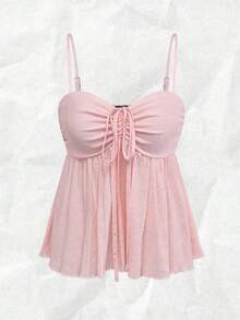 Camiseta de tirantes con volantes de unicolor lindo para damas, ropa de verano para la universidad - Albaricoque - Ver 2