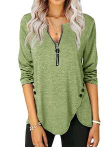 Fisoew - Blusa casual de manga larga para mujer, cuello redondo, botones laterales - Rosa - Ver 19