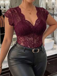 Lace Deep V-Neck Short Sleeve Sheer Bodysuit, Made Of Slightly Stretchy Fabric, Sexy Women's Lace Bodysuit For Spring And Summer - Burgundy - View 6