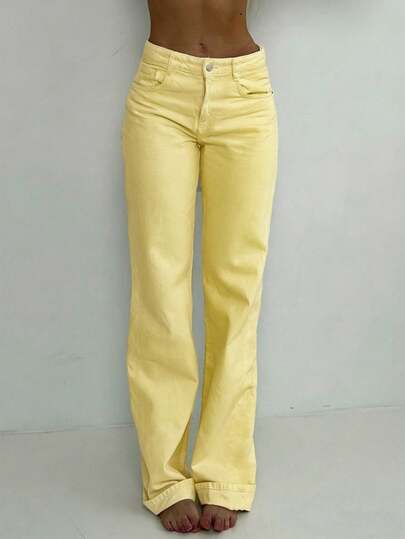 Jeans de pierna recta minimalistas de unicolor para mujer, uso casual diario primavera amarillo otoño