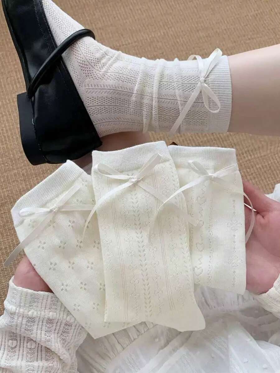 1/4 Pasang Kaos Kaki Katun Murni Musim Semi/Panas Tipis Warna Krem dengan Pita Samping Jala dan Bentuk Hati Berongga Gaya Lolita Panjang Setengah Betis - MultiWarna - View 1