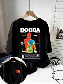 BOOBA Hip-Hop Style T-Shirt With Transfer Print, Retro Streetwear, Men's Pure Cotton T-Shirt With Crew Neck And Short Sleeves, Casual And Comfortable, - Black - View 1