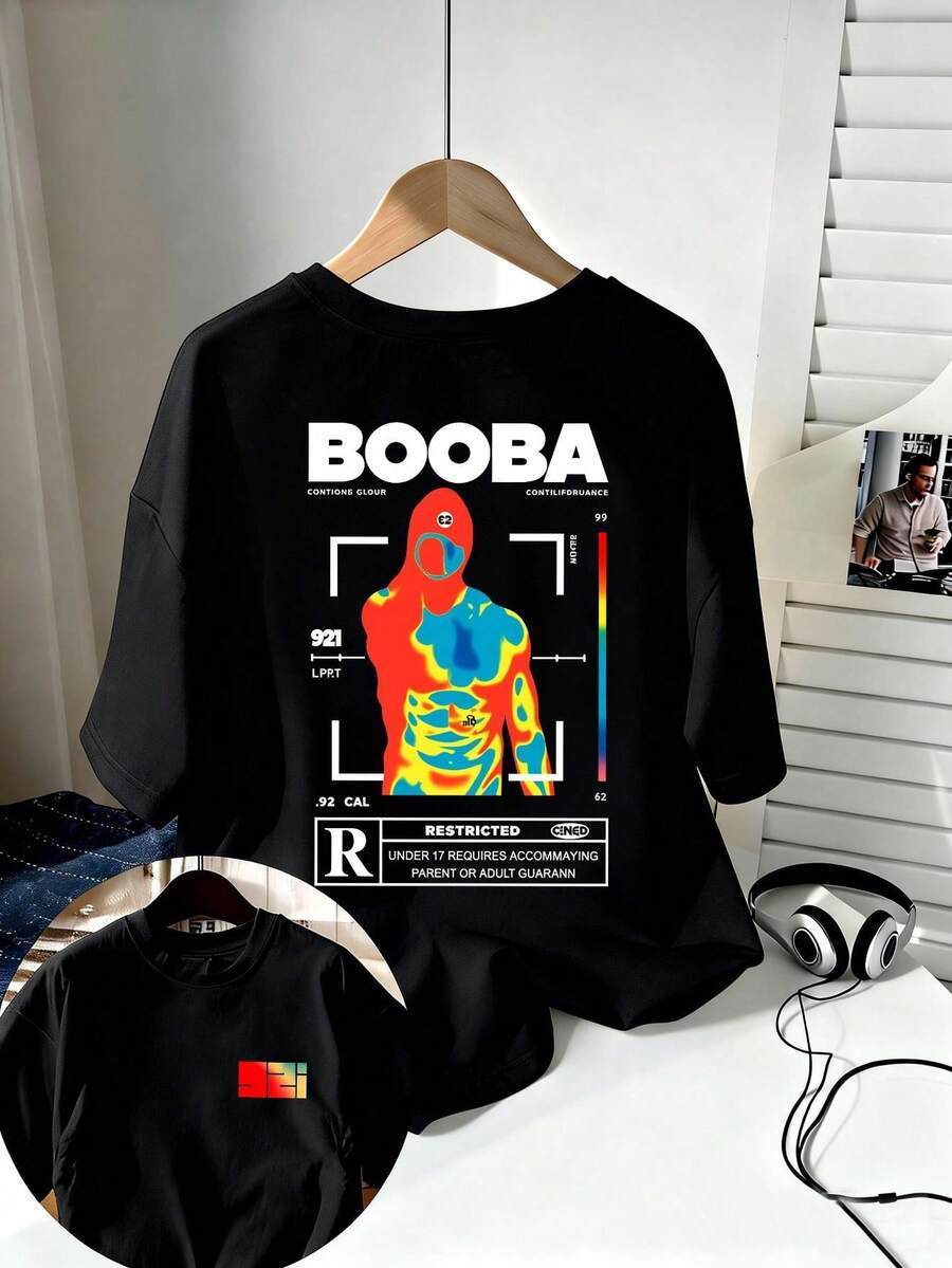 BOOBA Hip-Hop Style T-Shirt With Transfer Print, Retro Streetwear, Men's Pure Cotton T-Shirt With Crew Neck And Short Sleeves, Casual And Comfortable, - Black - View 1