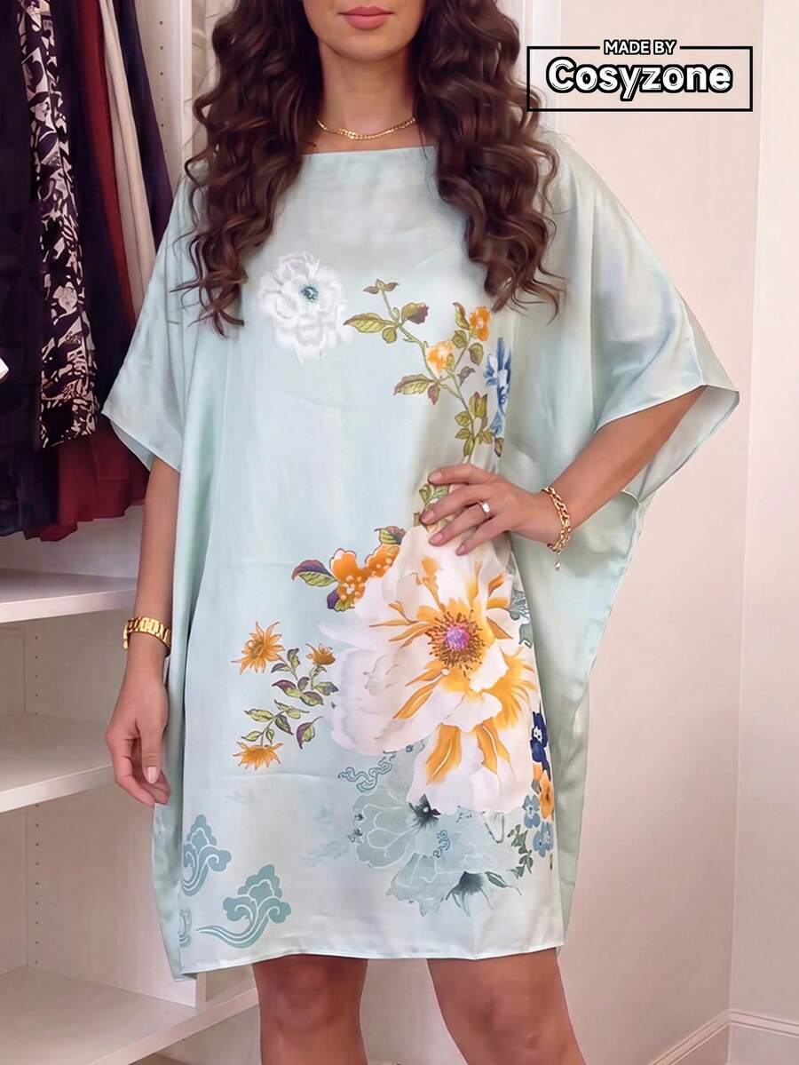 1件裝仿絲優雅花卉印花套頭披肩女款輕量時尚百搭防曬罩衫沙灘緞面寬鬆洋裝適合日常裝飾搭配 - 薄荷綠 - 查看 1