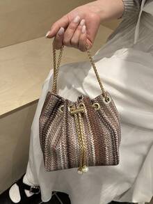 Dedoo 女款金屬編織迷你水桶斜挎包，金色鏈條抽繩珍珠裝飾，優雅晚宴單肩包，適合派對與婚禮 - 咖啡 - 查看 8