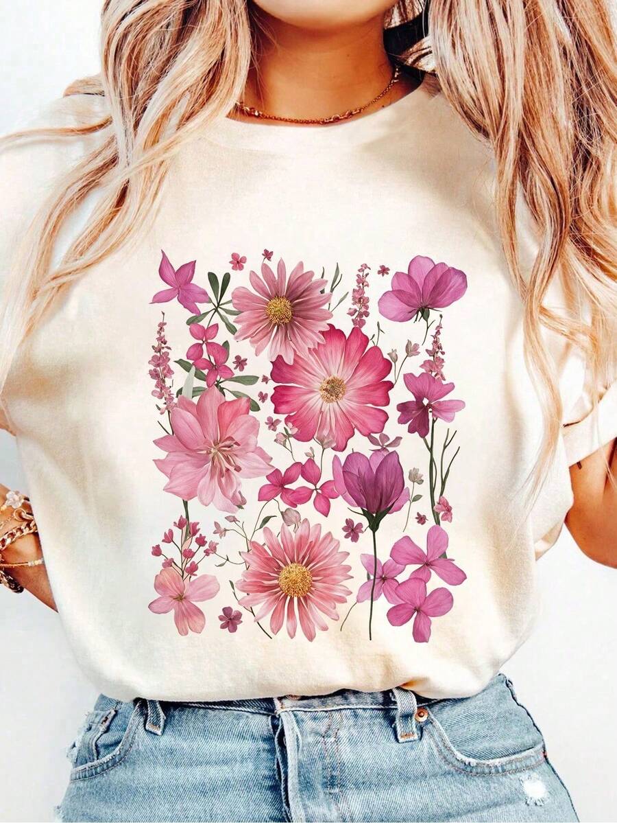 Women's Oversized Graphic T-Shirt With Retro Bohemian Floral Print - 白色 - 查看 1