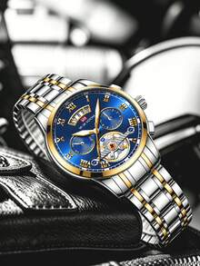 VA VA VOOM 男士手錶 41mm 飛行員系列 不鏽鋼錶帶 原裝石英機芯 螢光日期顯示 男士運動軍事風手錶 金色 & 銀色 & 黑色 - 金色 - 查看 5