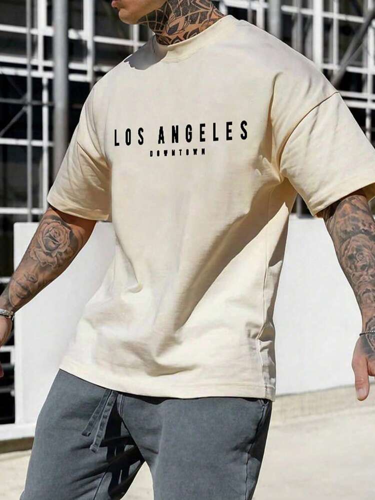 Men's Casual Vintage American Style Printed Short Sleeve T-Shirt - Khaki - View 1