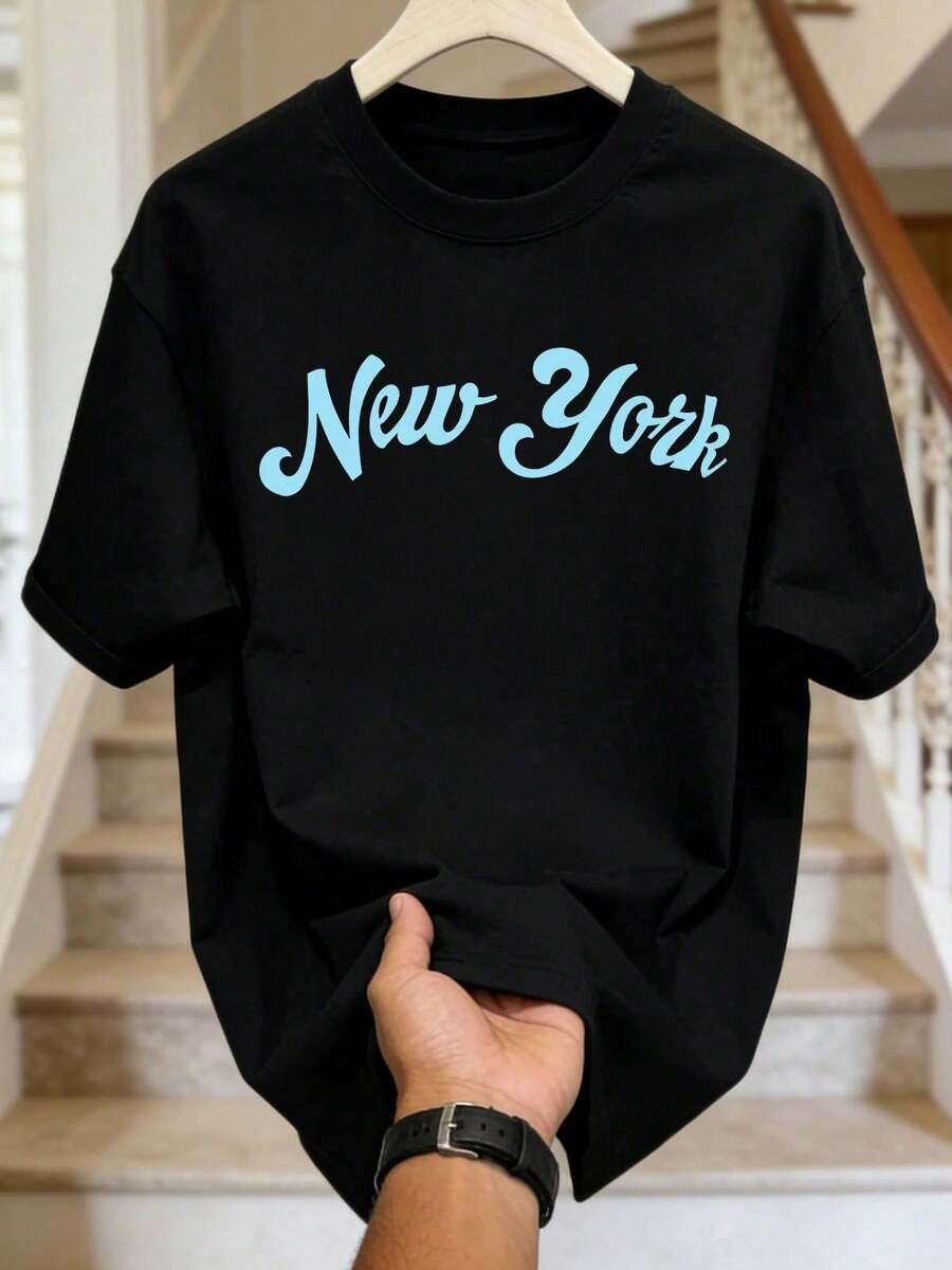 1 Piece, Men's Casual Shirt | Crew Neck, Short Sleeves, Soft Fabric | New York | Urban Style, Men's Shirts, Men's Cotton Shirts, Neck - Black - View 1