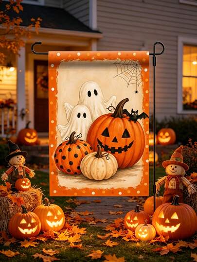 1pc 2D Flat Print Garden Flag, Halloween Pumpkin Ghost Bat Single-Sided Polyester Garden Flag, Holiday Yard Banner, Suitable For Outdoor Home, Yard Decoration