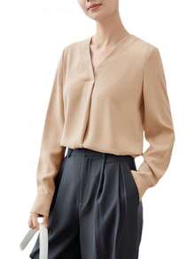 Blusa holgada formal con cuello en V y manga larga para mujer, con pliegues de negocios - azul claro - Ver 9