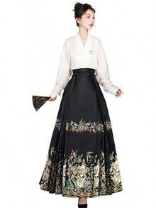 Traje de baile de Hanfu Tang Ming para mujer, diseño de patrón dorado, bordado de Hanfu - Falda azul marino - Ver 16