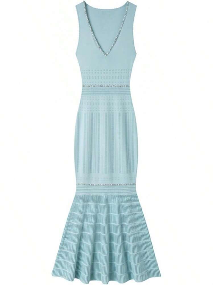 Falda de verano para mujer, corsé elástico con abalorio a rayas, cuello en V, sin mangas, vestido largo para fiesta - Negro - Añade 4