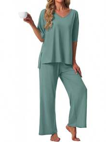 PrinStory - Conjunto de pijama de manga corta para mujer, conjunto de pijama de 2 piezas para mujer, cómodo ropa de descanso con bolsillos - Estrella rosa Fp - Ver 20
