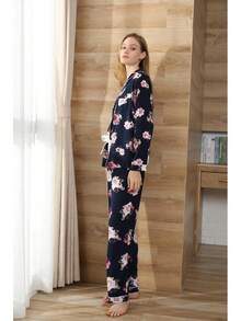 Conjunto de Pijama para Mujer con Cuello Recortado, Estampado Floral, Camisa con Botones y Pantalones Largos, Algodón, 2 Piezas, Ropa de Dormir - Gris - Ver 8