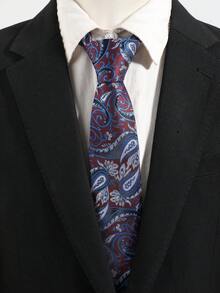 1 pieza Corbata de hombre con base burdeos y estampado paisley azul & blanco con flores de anacardo jacquard, estilo vintage británico para negocios, formal, novio, boda y banquete, corbata de traje anudada a mano - Base de color rojo vino con flores de anacardo de estampado paisley azul y blanco. - Ver 2
