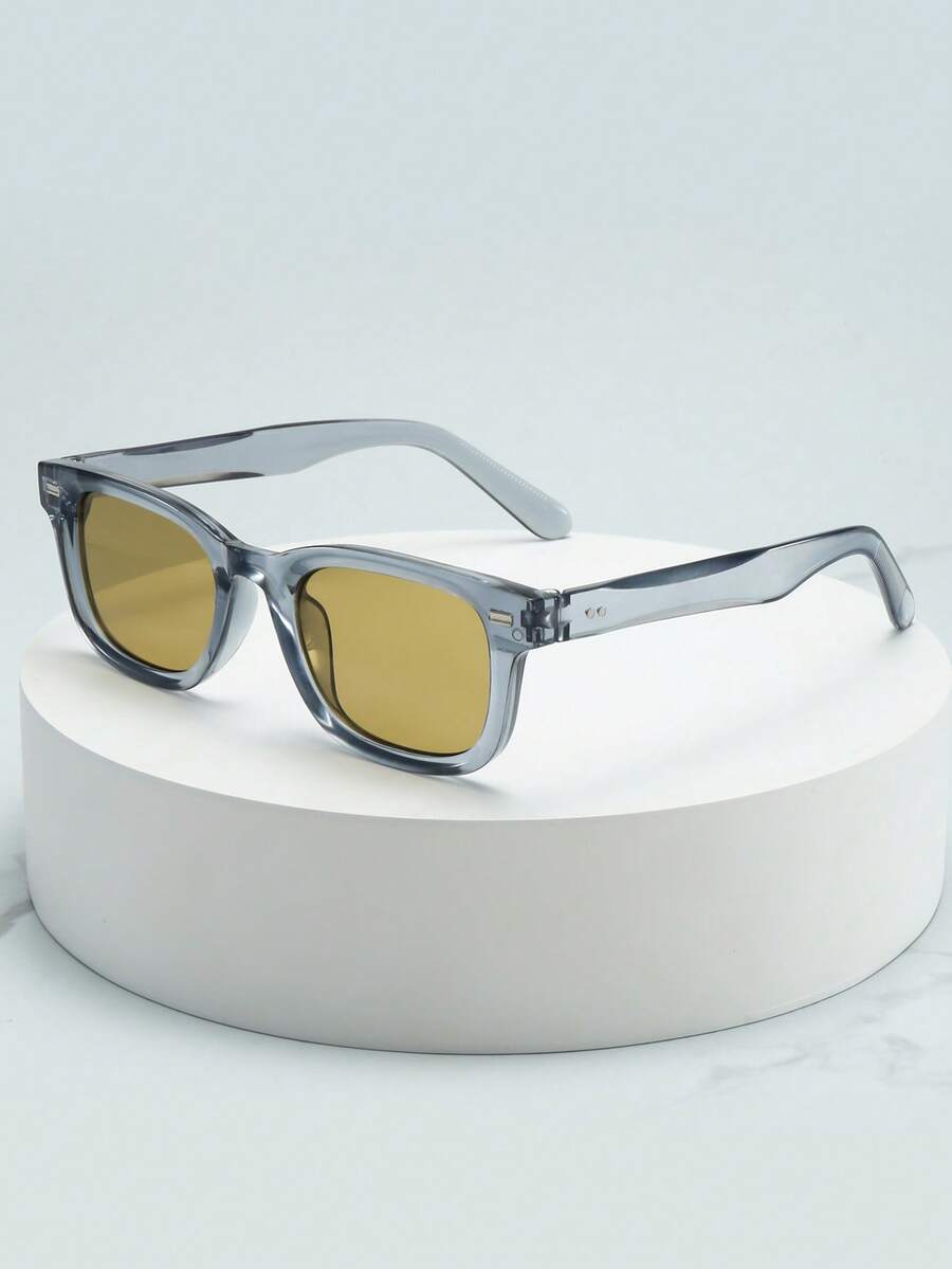 1pc Men's Rectangular Small Frame High-Quality Personalized Minimalist Fashion Glasses, Suitable For Parties, Travel, Leisure, Vacation, Beach And Daily Use - Gray Frame Yellow and Green Film - View 1
