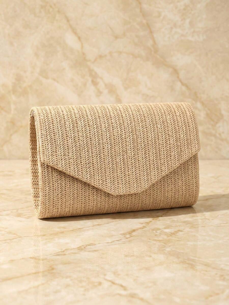 Women's Straw & Velvet Evening Bag With Chain Strap, Suitable For Beach And Formal Parties - Blue - View 1