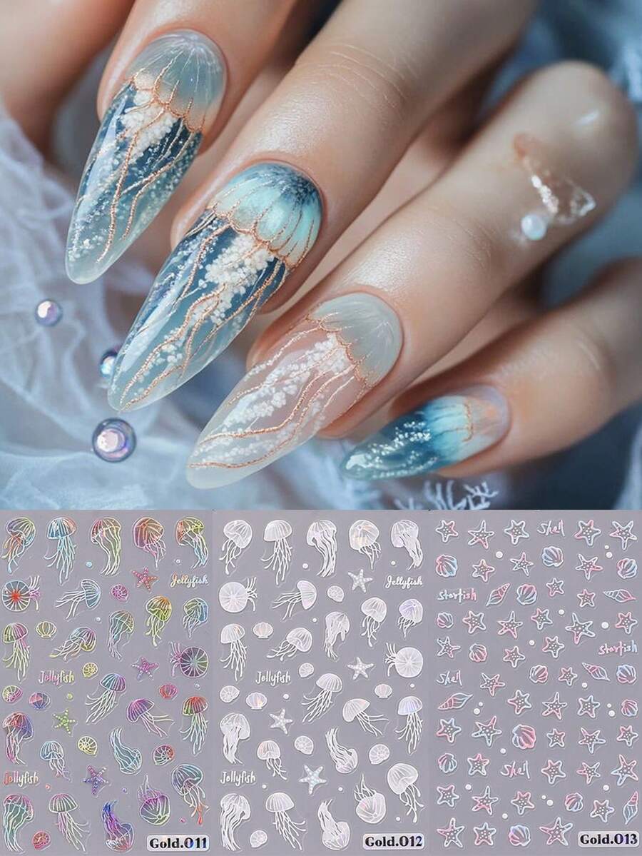 5D 幻彩水母美甲貼紙 3 張裝 海洋主題雷射凸起水母、海星、貝殼、氣泡 自黏式美甲貼紙 DIY 美甲裝飾 夏季用品 - 彩色 - 查看 1
