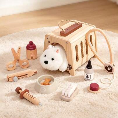 Children's Wooden Pet Care Toy Simulation Puppy Clinic Role Play Set Educational Early Learning Multi-Function Game Box 3-6 Years Old Pretend Play Toy